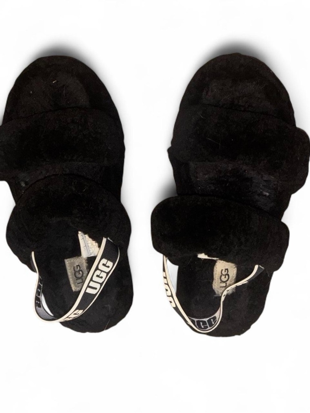 UGG Black Fluffy Logo Strap Slide
